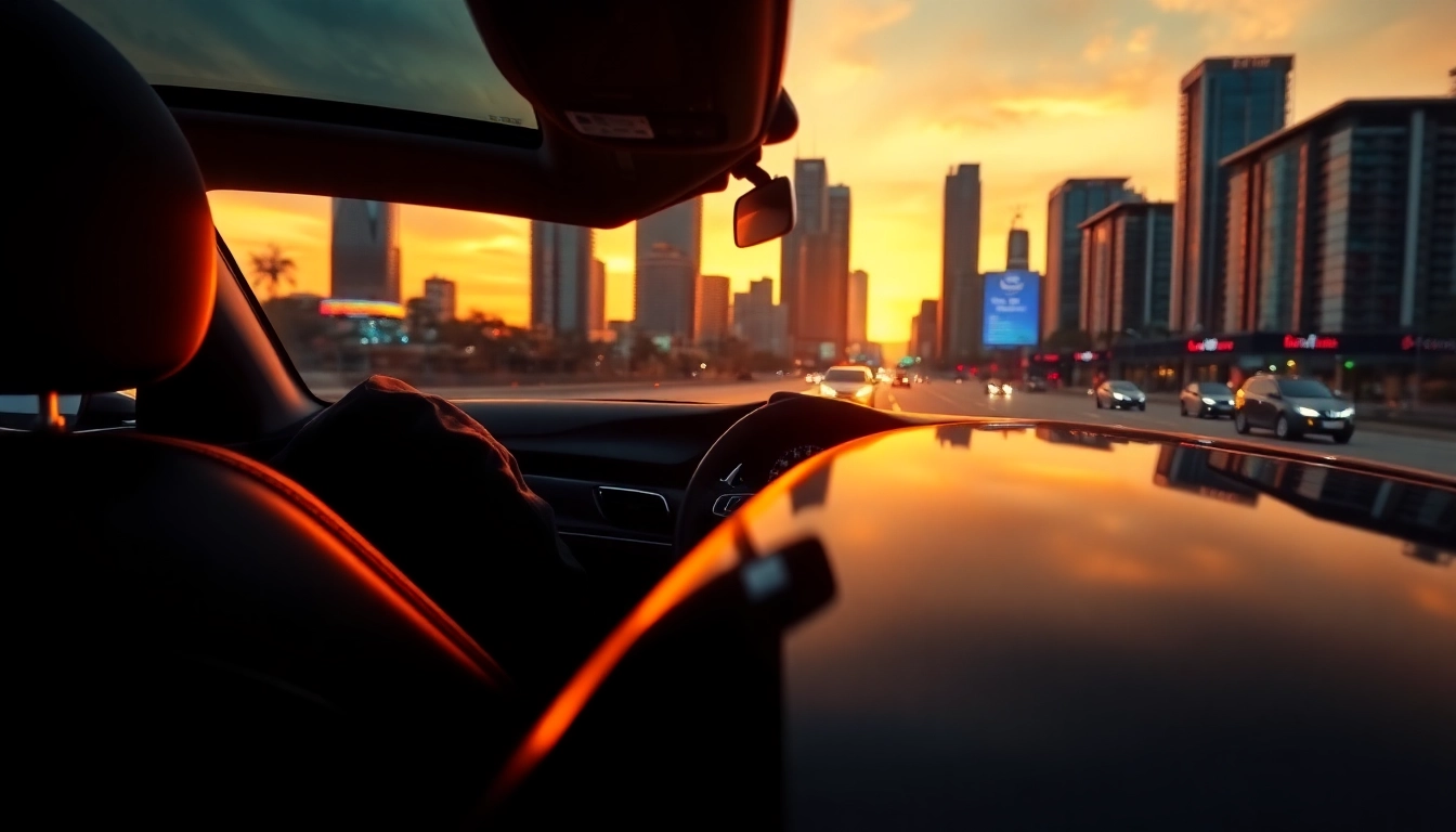 Experience professional chauffeur hire Kuala Lumpur in a luxury vehicle amidst a stunning urban sunset.