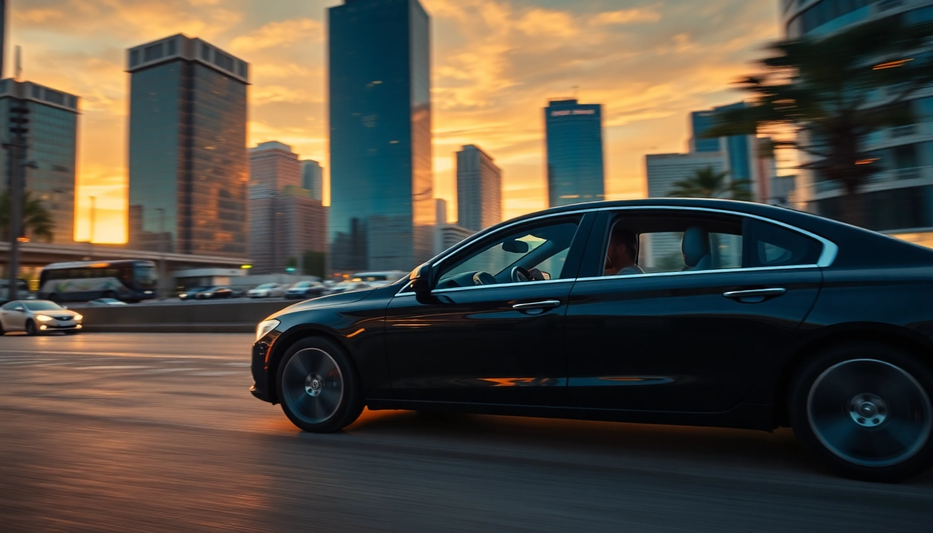 Experience a professional chauffeur service in Sao Paulo, showcasing a luxury sedan navigating the city's vibrant streets.