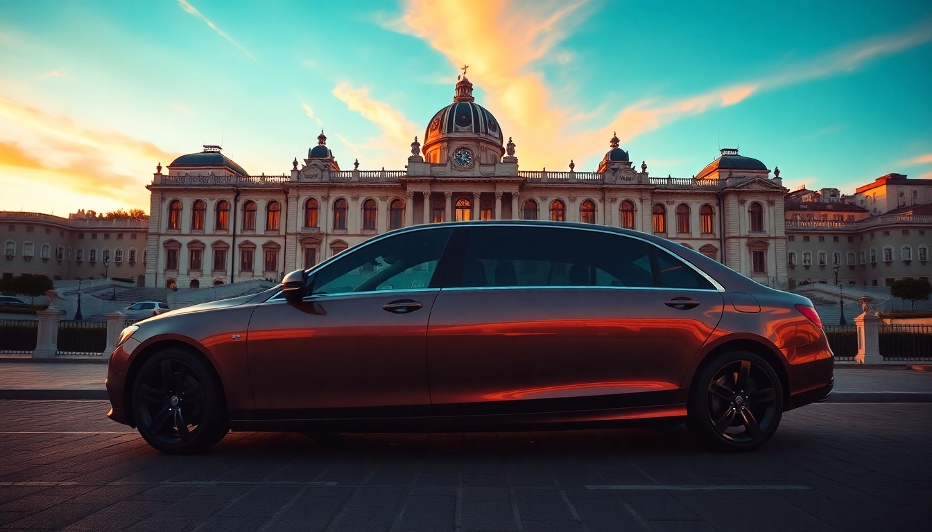 Experience luxury hire chauffeur Lisbon with a premium sedan against an iconic landmark backdrop.