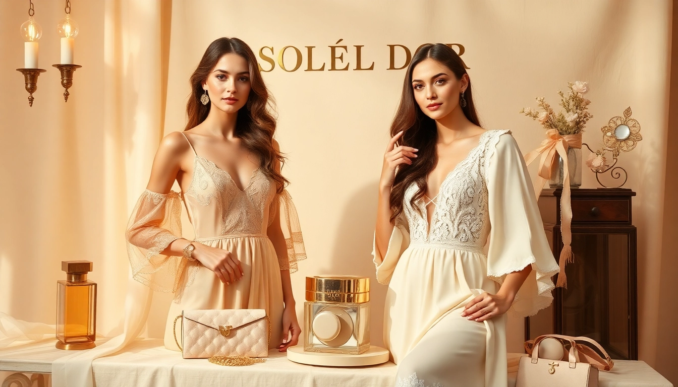 Soleil Dor fashion display with elegant products and luxurious textures in warm lighting.