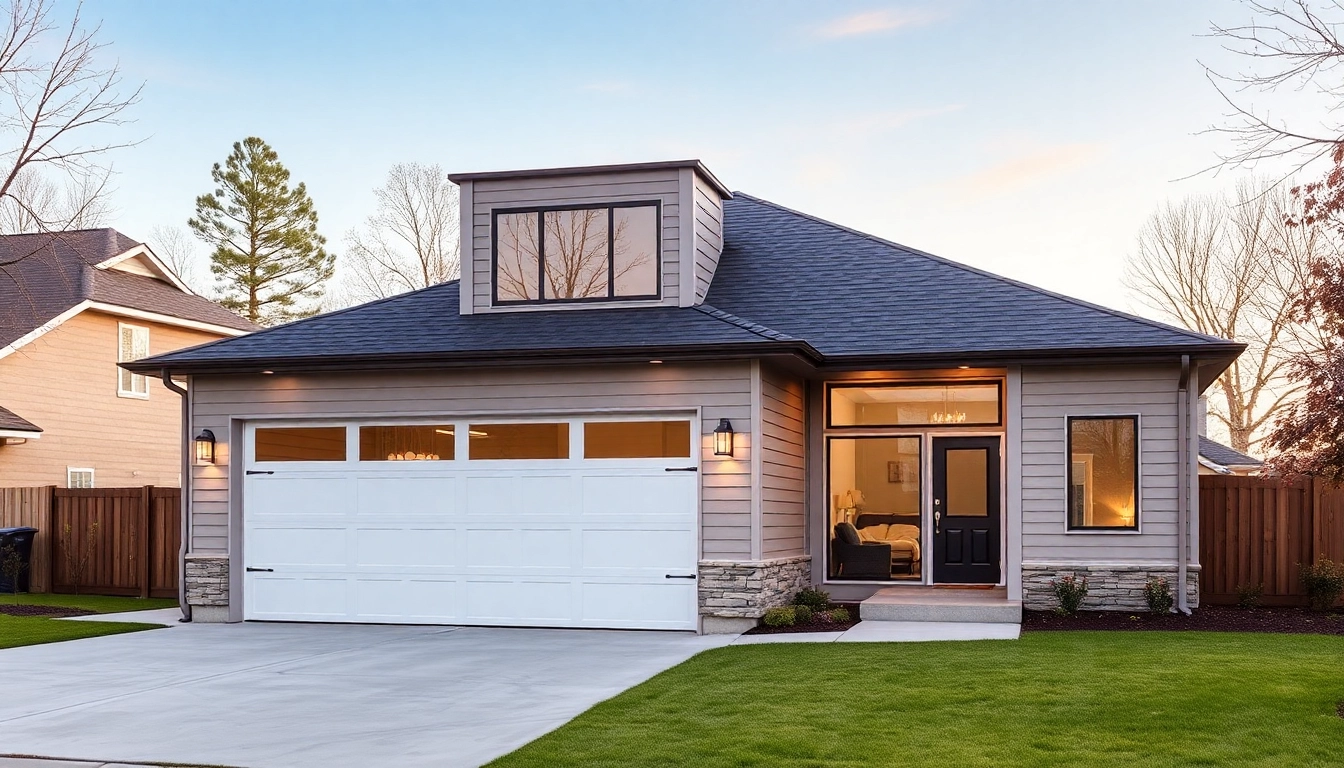 Explore custom garages with a modern design featuring large windows and warm lighting in a suburban setting.