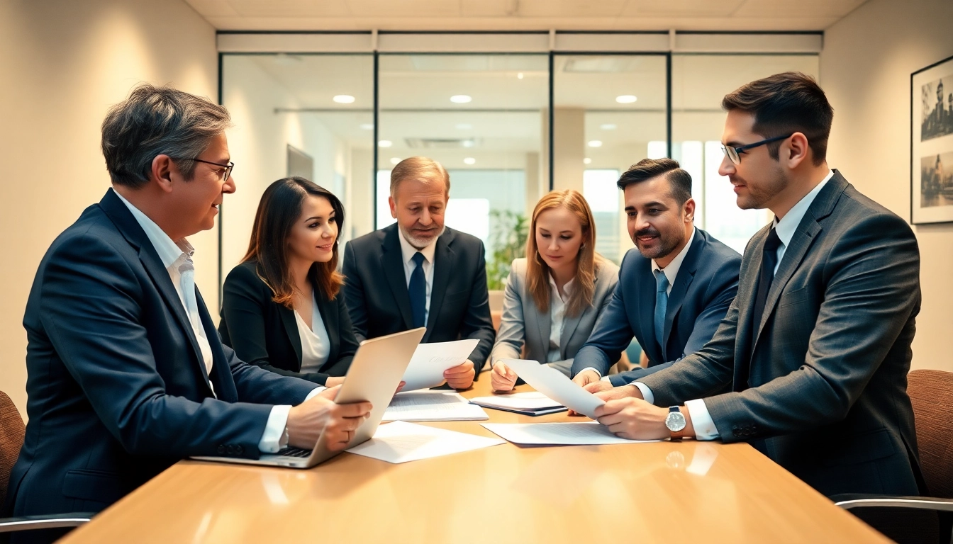 Florida Car accident attorneys reviewing case files collaboratively in a bright office.