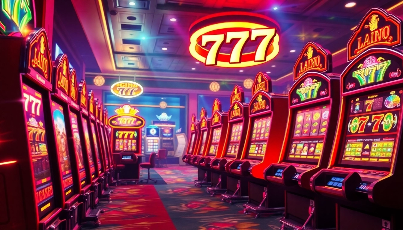 Spin the reels of สล็อต777 on colorful slot machines in a lively casino atmosphere, inviting excitement and fun.