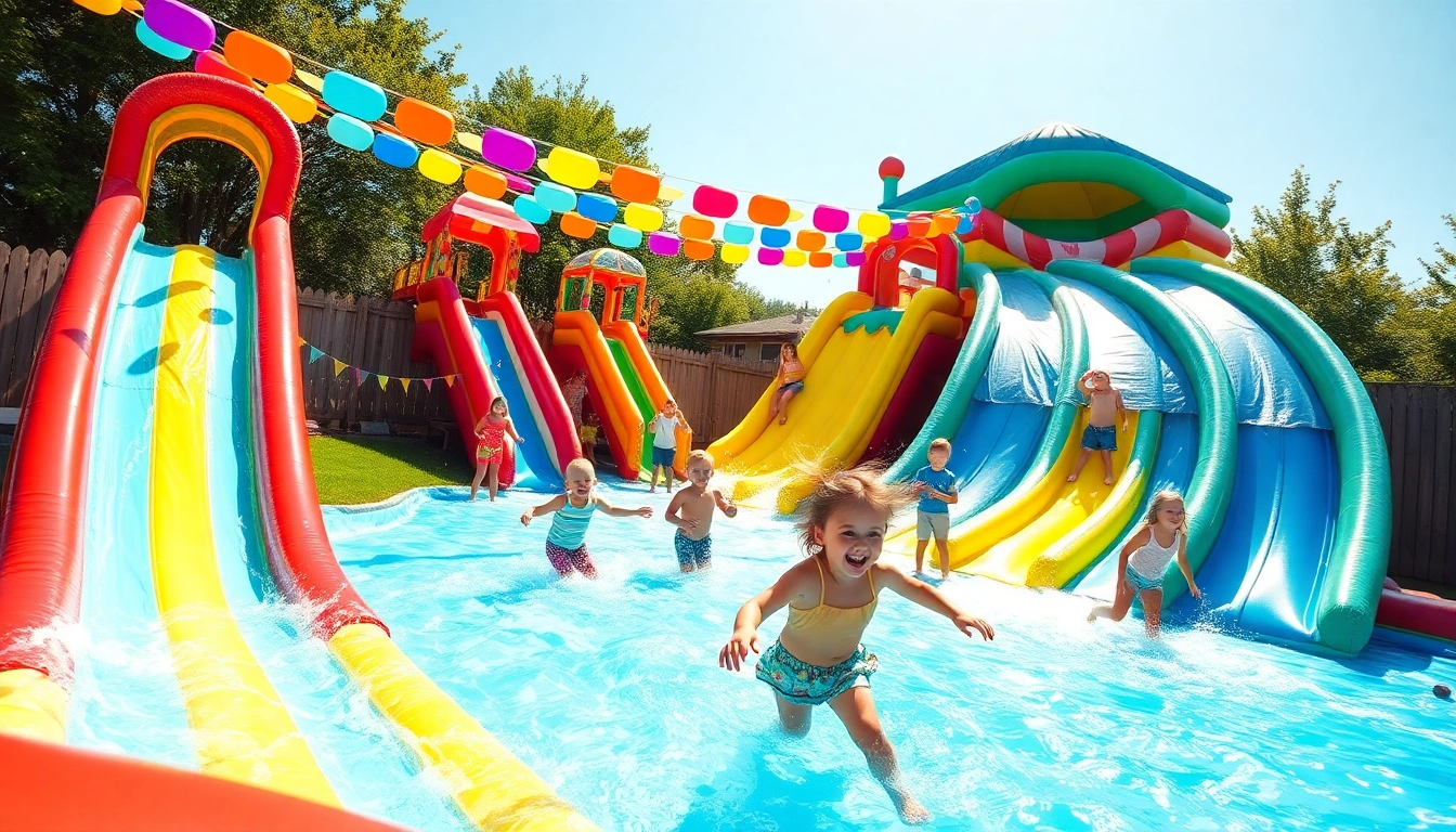 Enjoy engaging waterslide rentals with lively children laughing and playing under the bright summer sun.