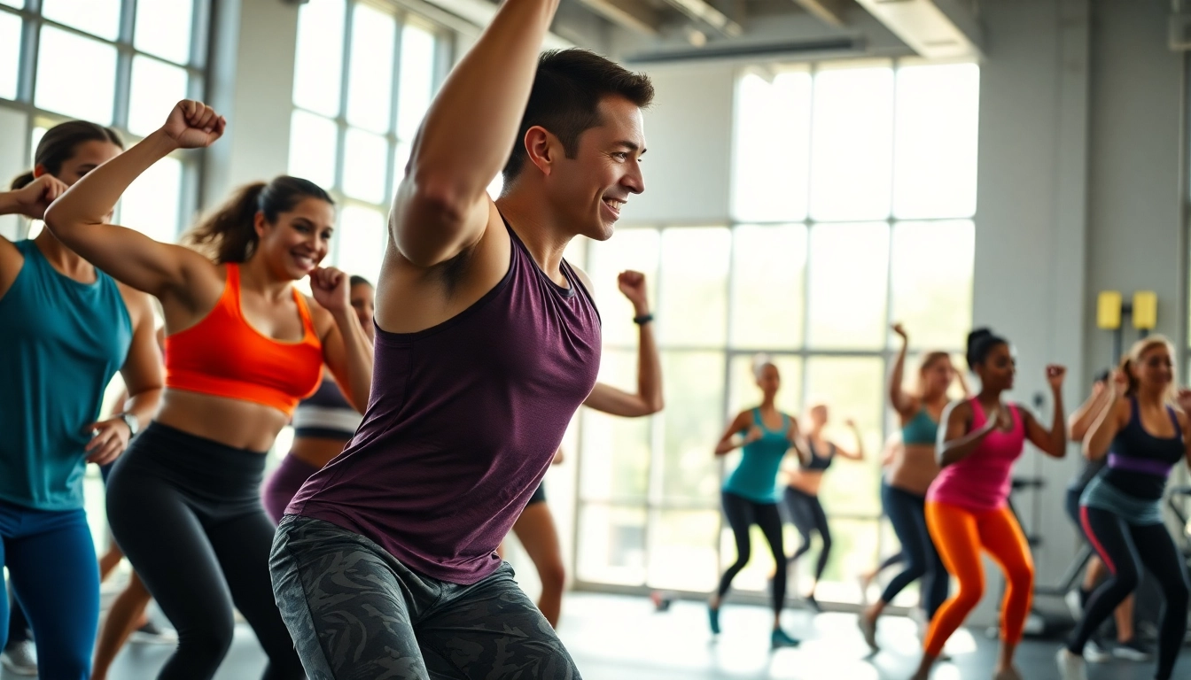 Engaged individuals perform various workouts in a bright gym setting, highlighting their commitment to fitness.