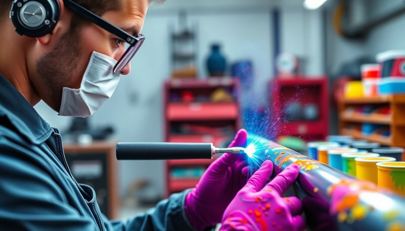 Technician applying powder coating in Birmingham for durable metal finishes.