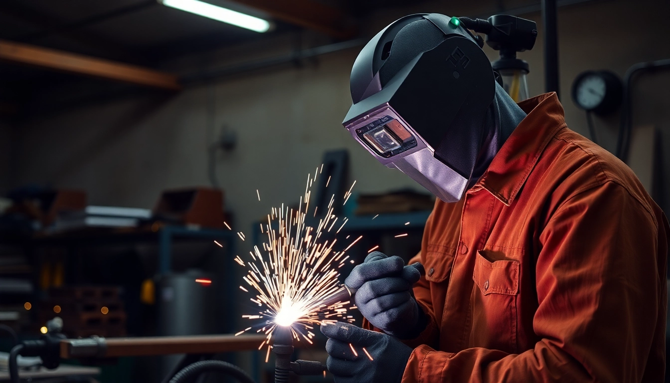 Welder demonstrating essential welding supplies while working on a project in a well-lit workshop.