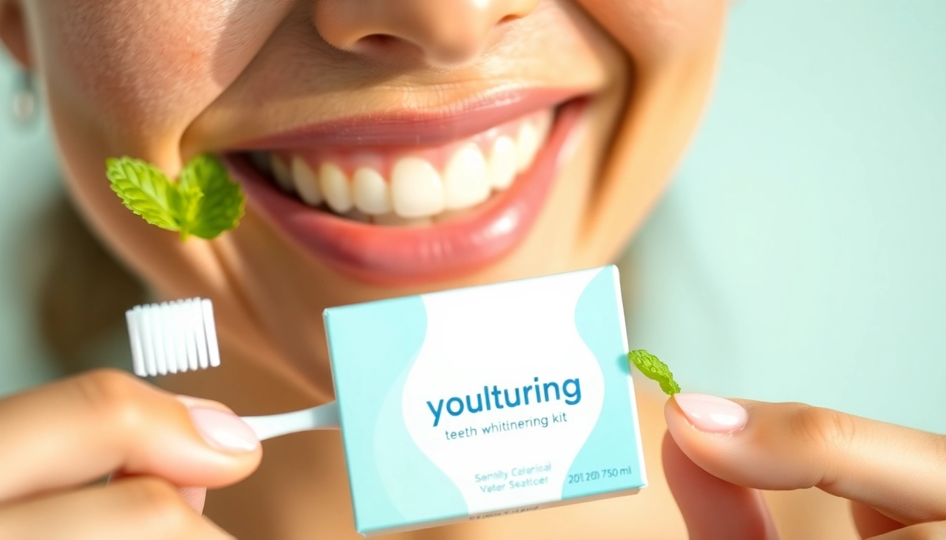 Bright smile showcasing a teeth whitening kit on a clean bathroom counter with fresh mint leaves.