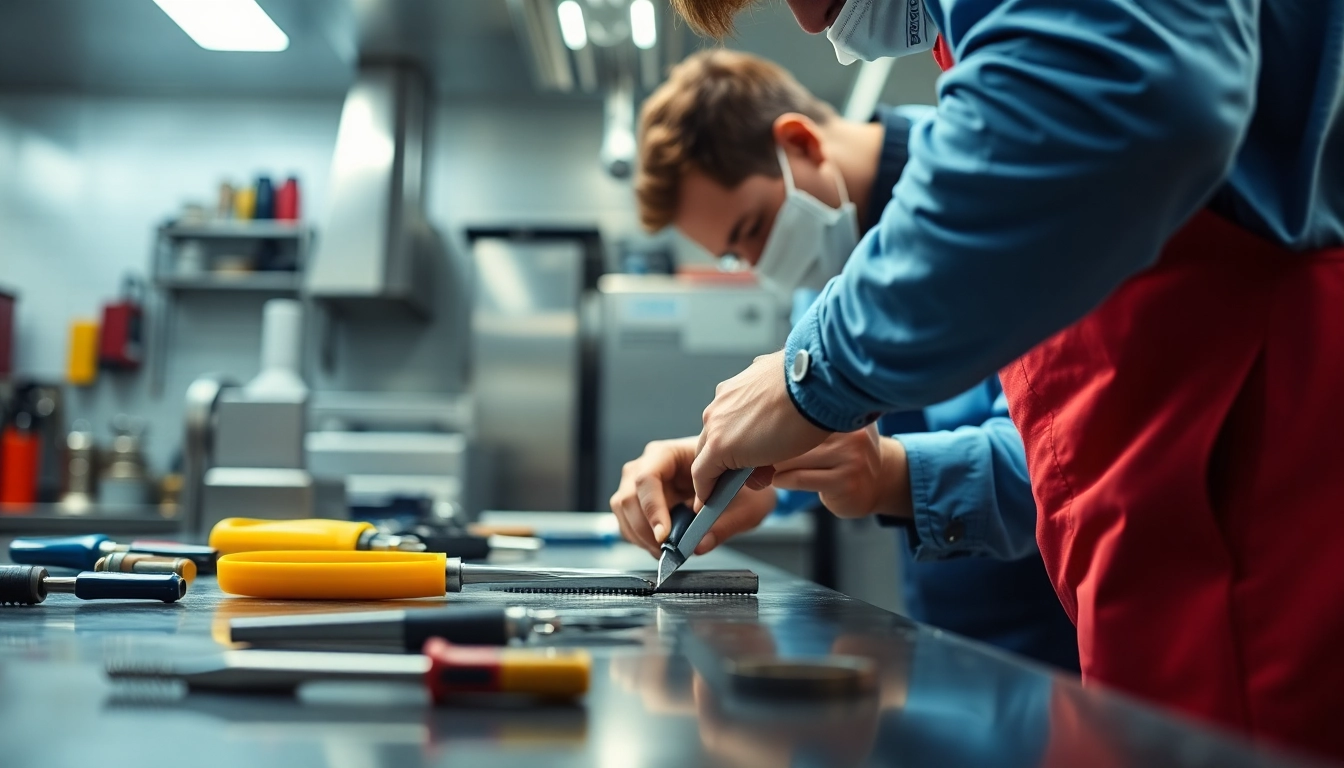 Technician executing prep table repair with precision in a well-lit kitchen.