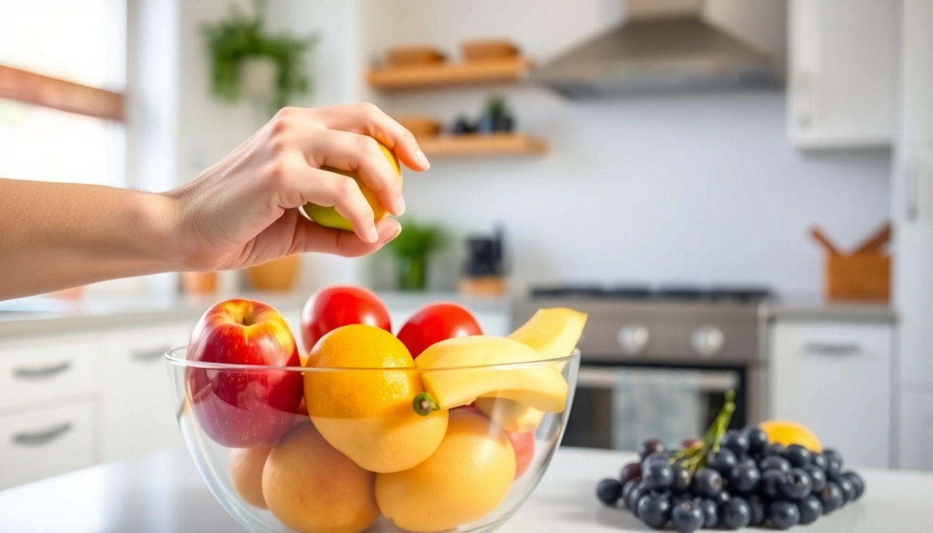 Bright kitchen emphasizing healthy weight loss choices with fresh fruits.