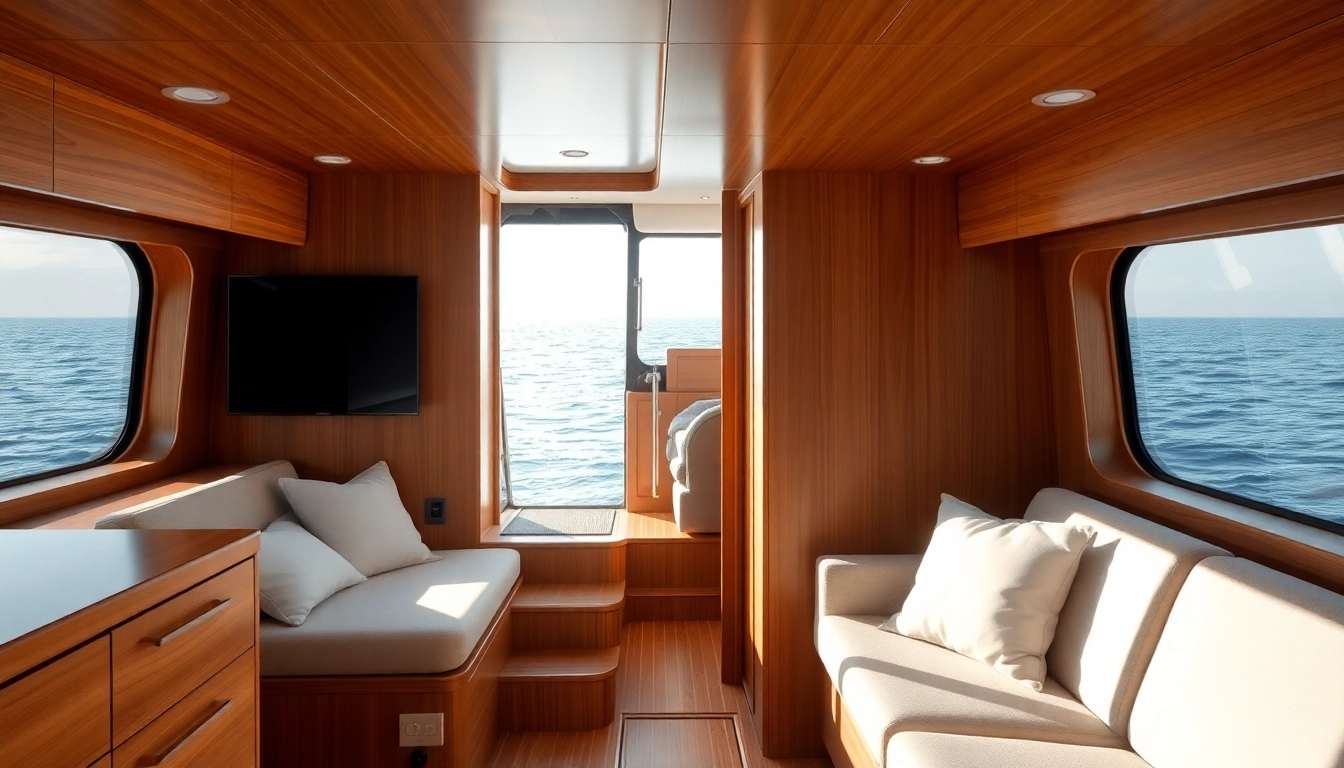 Experience the comfort of a boat cabin with cozy seating and a stunning ocean view.