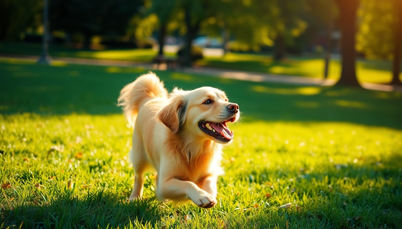 Kate's K9 Pet Care offers a golden retriever joyfully playing in a vibrant park setting.