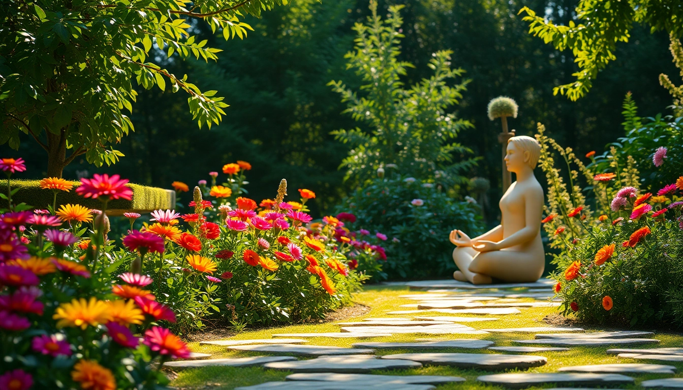 Engage with a divinely guided meditation scene in a serene, flower-filled garden.