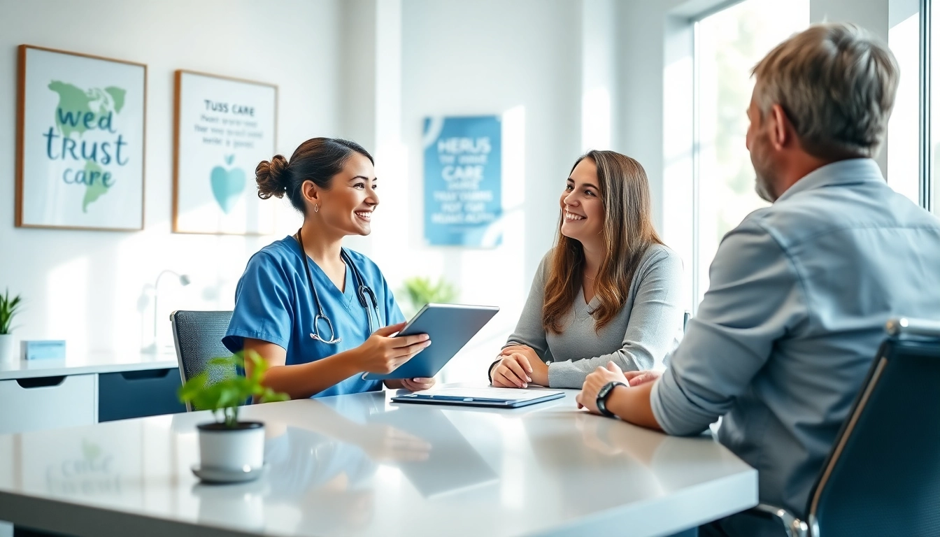 Fachkundige Beratung im Marketing für Pflegedienste in einem einladenden Klinikraum.