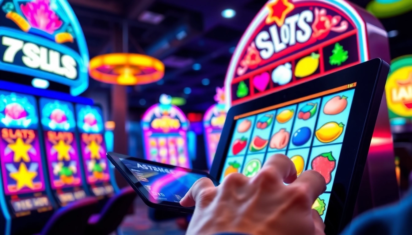 Slot demo menarik yang menunjukkan pengguna berinteraksi dengan permainan slot online yang penuh warna.