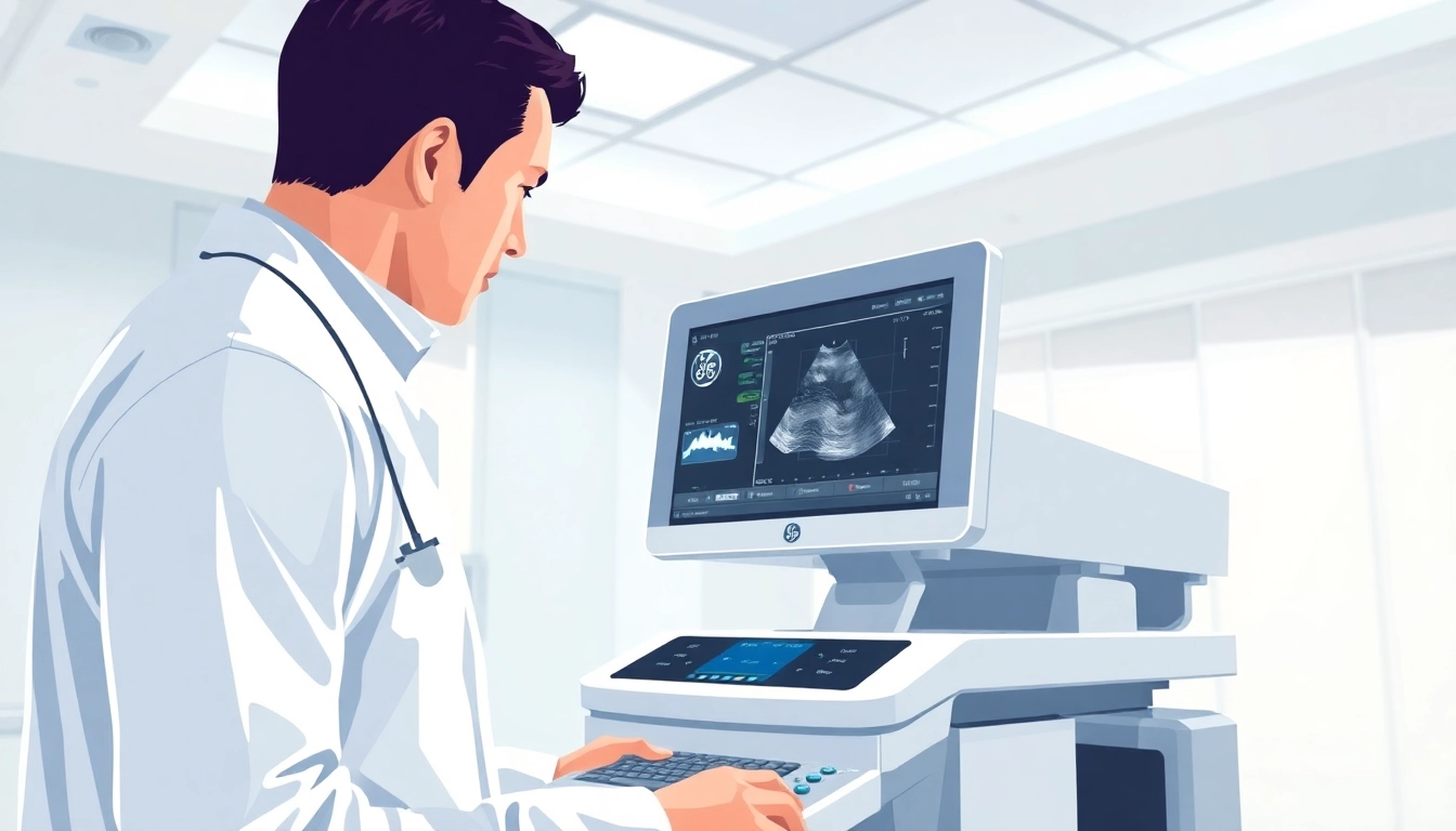 View a healthcare expert using the GE LOGIQ E9 ULTRASOUND FOR SALE!! in a contemporary medical facility.