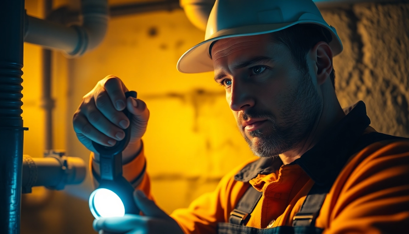 Experienced emergency plumber swiftly repairing a burst pipe during late hours.
