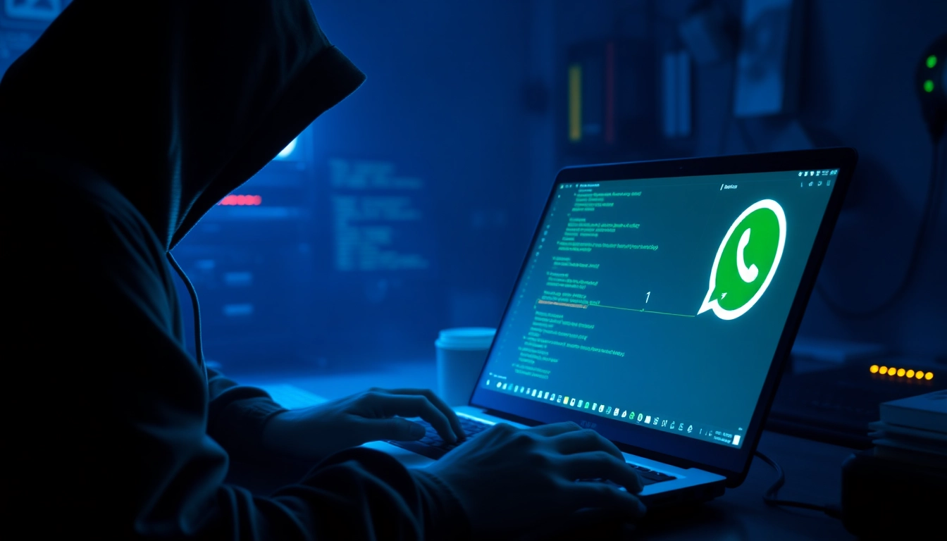WhatsApp hacker infiltrating a digital interface showcasing cyber threats and security vulnerabilities.