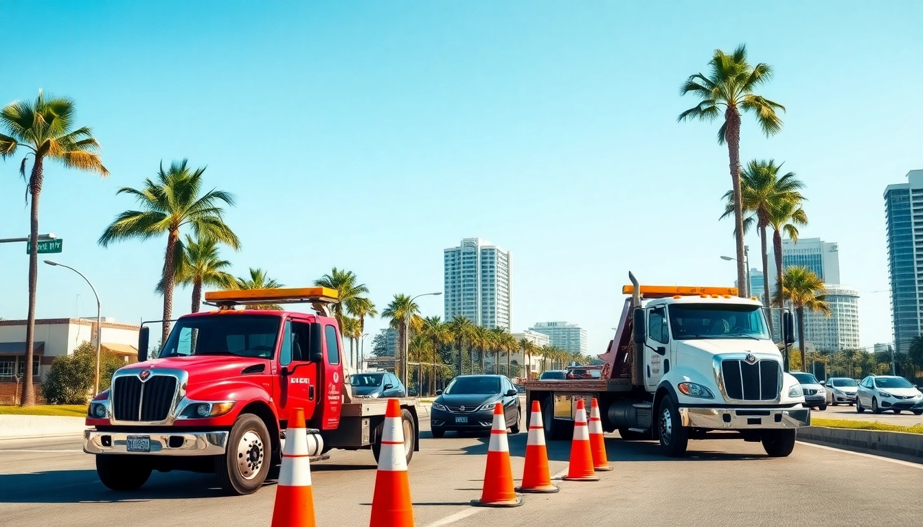 Roadside assistance Tampa: A tow truck aiding a stranded car in the bustling streets of Tampa, Florida.