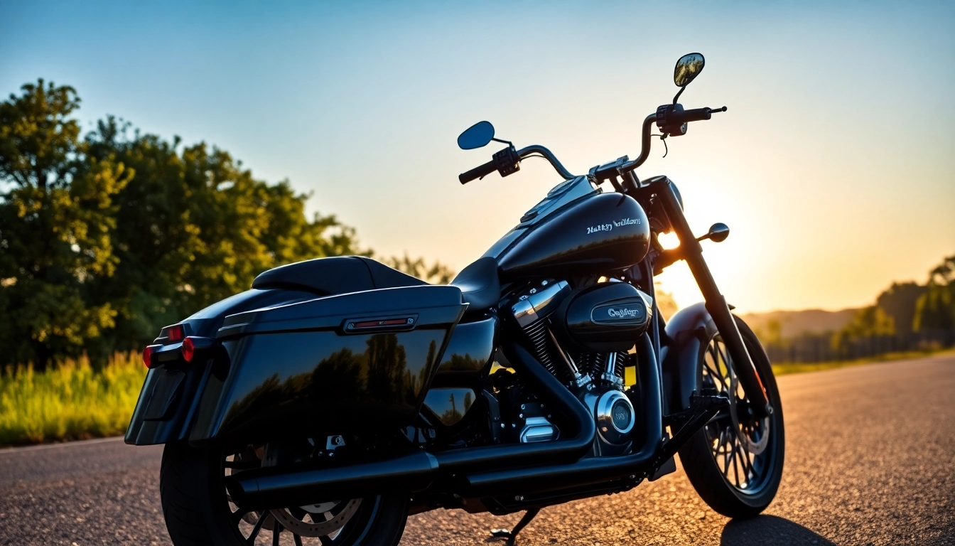 Stylish Harley Davidson Motorrad auf einer malerischen Landstraße, eingefangen im warmen Licht der untergehenden Sonne.