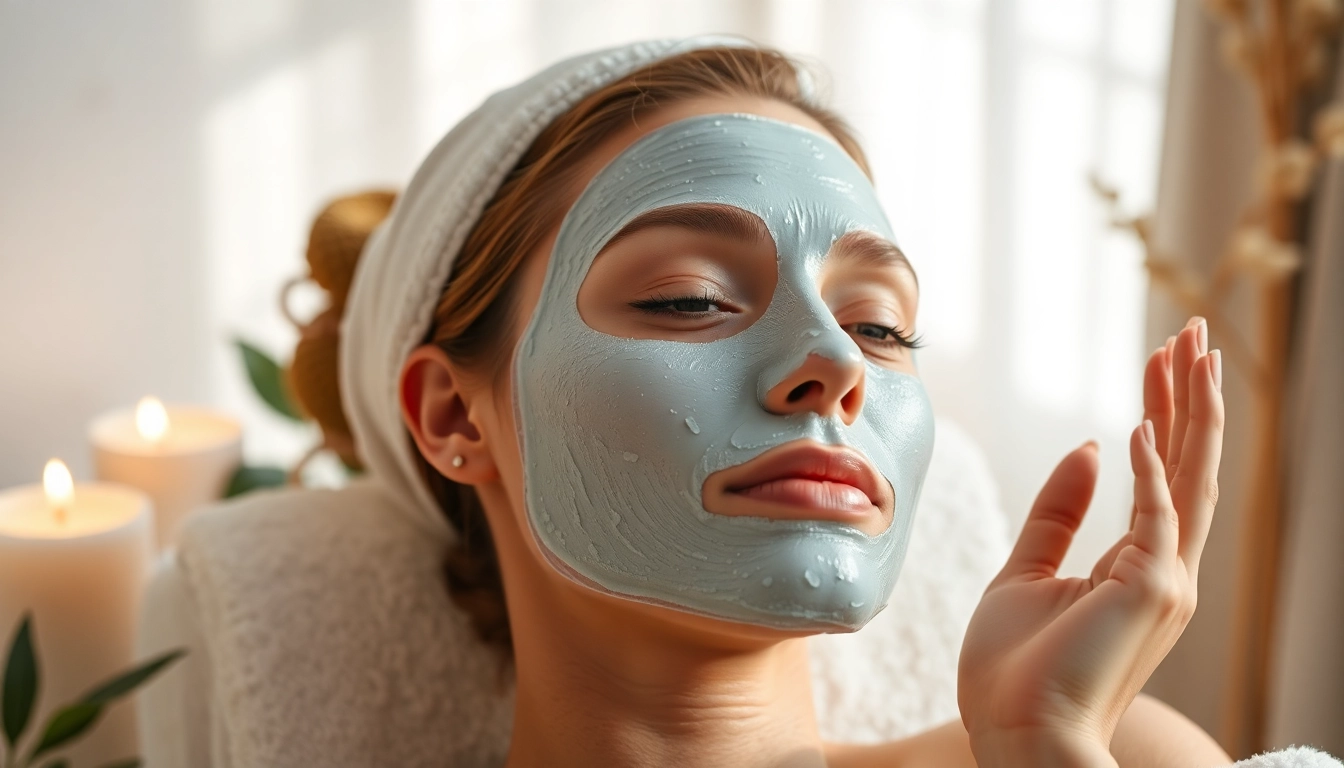 Woman applying a facial mask surrounded by calming candles and plants for relaxation.