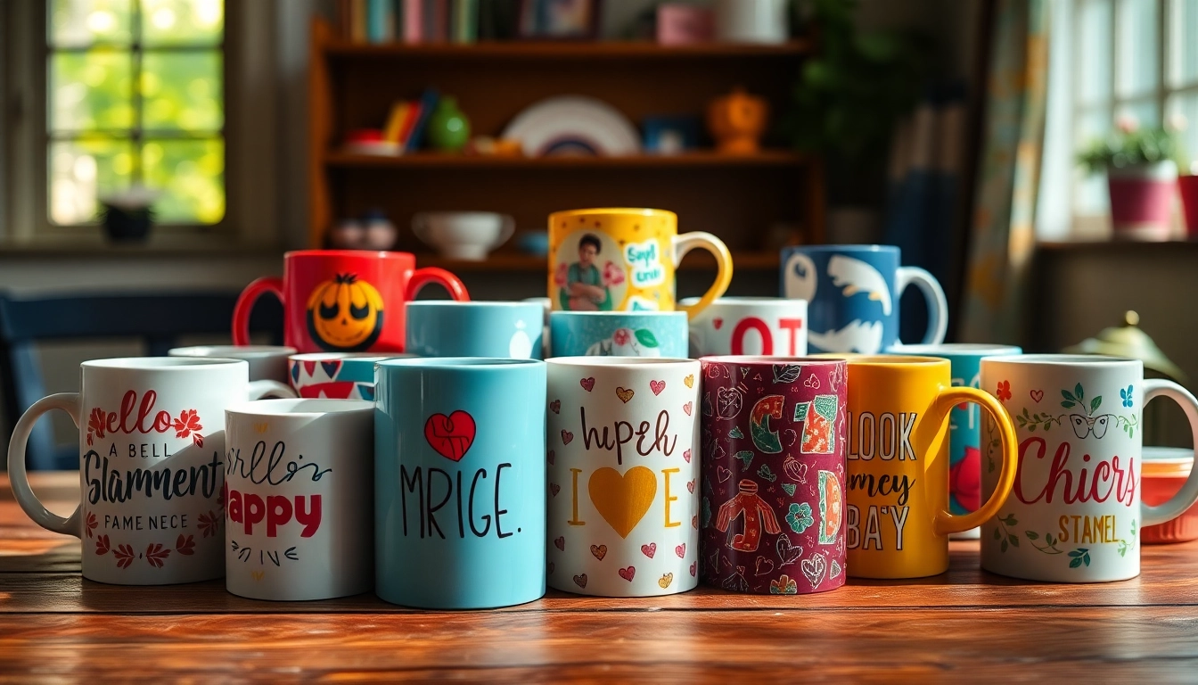 Admire personalised mugs featuring unique designs on a rustic wooden table.