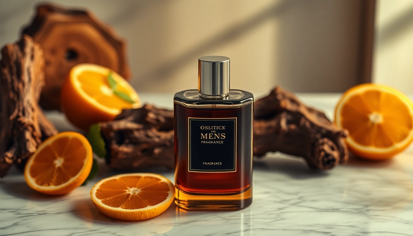 Discover a premium men's fragrance bottle with warm gold hues and natural elements, evoking elegance and allure.