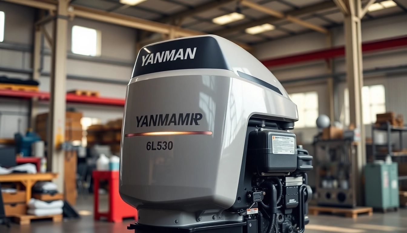 Showcase the YANMAR 6LF530 INBOARD DIESEL ENGINE SALE! highlighting its precision engineering in a workshop.