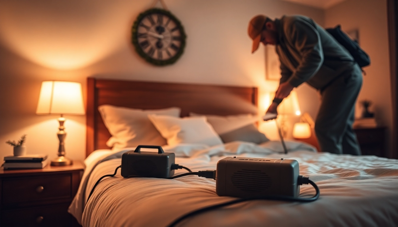 Implementing effective bed bug pest control techniques with professionals using heat treatment in a bedroom setting.