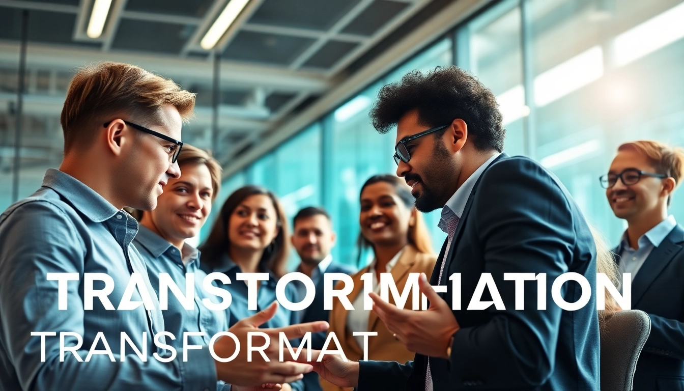 Engaging scene of business transformation leaders collaborating in a modern office environment.