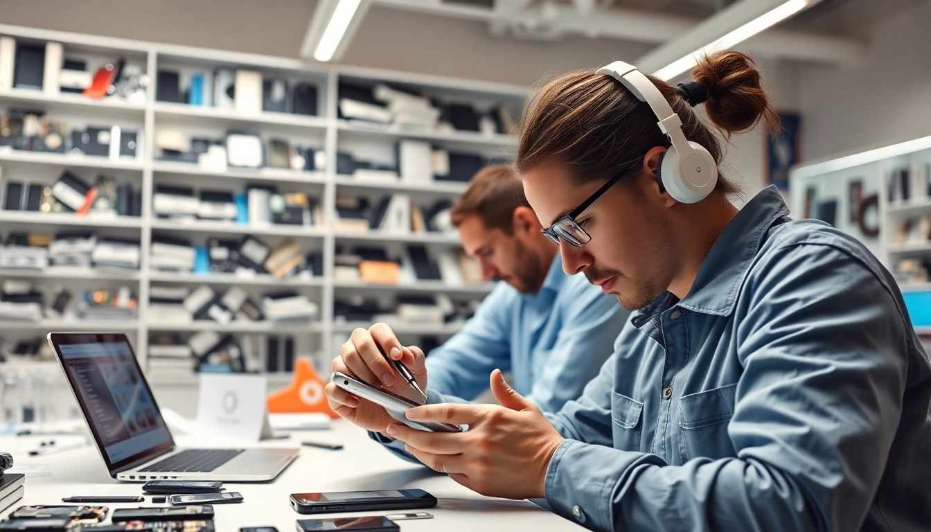Servizio di Torino riparazione cellulari in un laboratorio moderno con tecnici professionisti al lavoro.