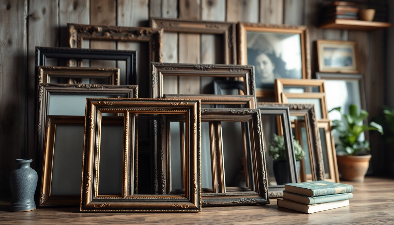 Showcasing vintage frames with intricate craftsmanship against a rustic background.