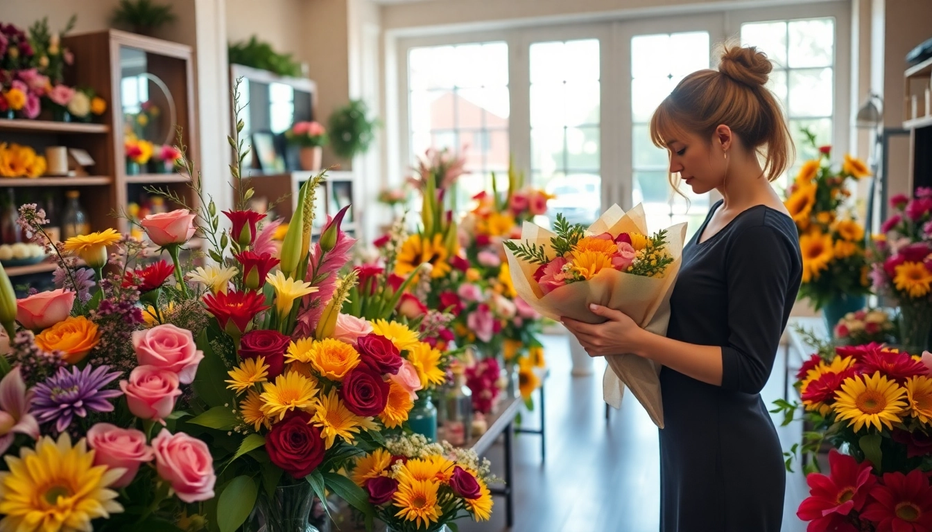Hand-crafted bouquet by Irvine florist showcasing vibrant flowers in an elegant shop.