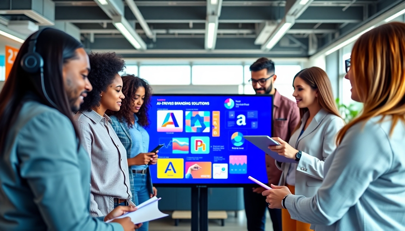 Engaging team brainstorming AI-powered branding services in a modern office setting.