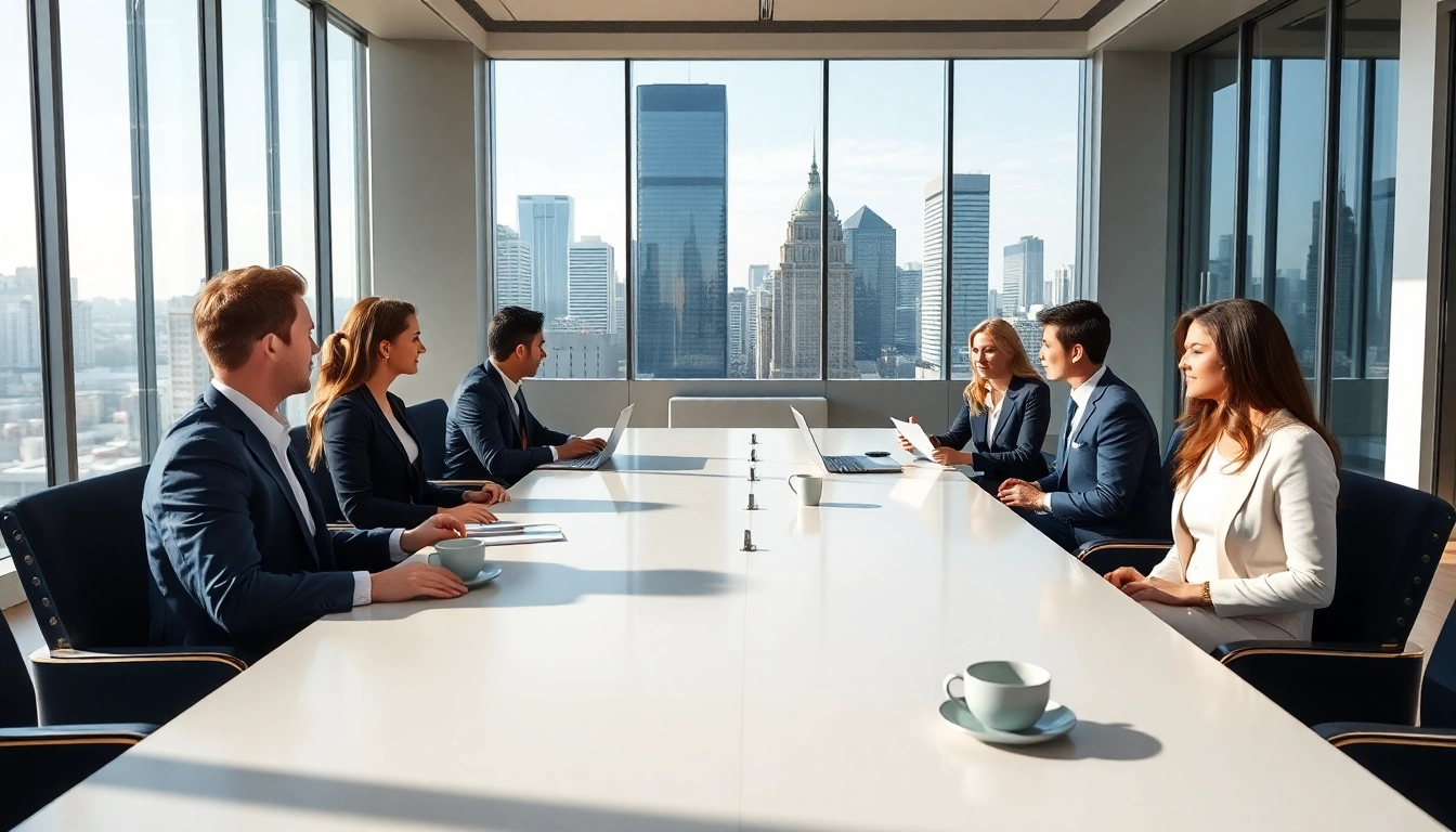 Illustration of professionals discussing how to buy an MBA degree in an elegant office.