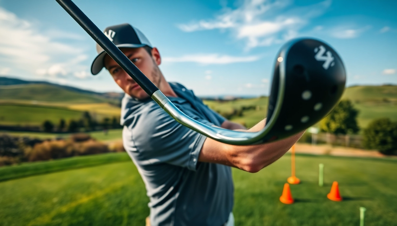 Golfer mastering swing with a golf swing training aid on a green course.