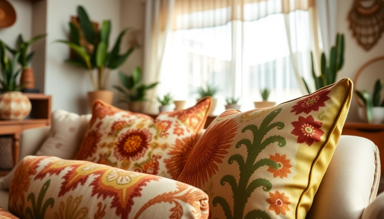 Beautiful cactus silk pillows enhance a bohemian living room, showcasing intricate textures and colors.
