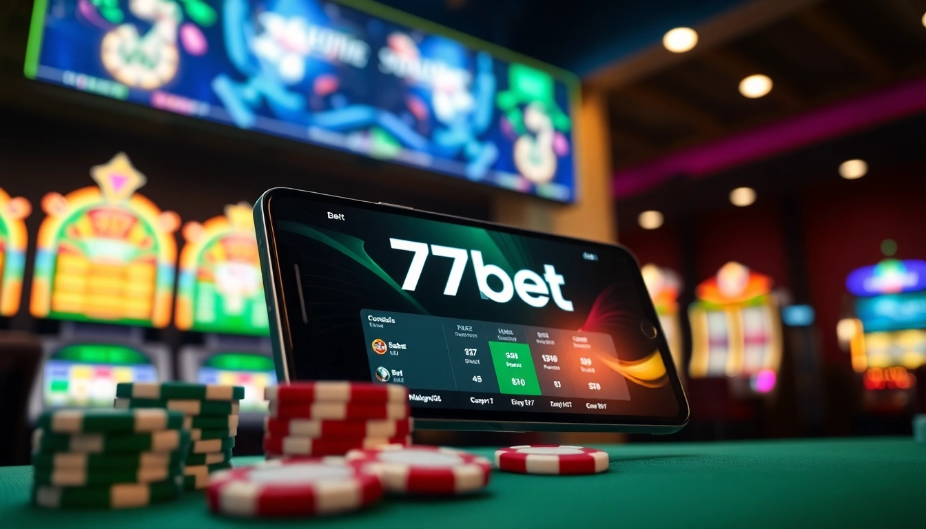77bet mobile app showcased amid an engaging virtual casino environment, inviting users to bet online.
