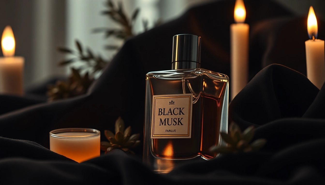 Le parfum Black Musk dégage une ambiance séduisante avec sa bouteille élégante et des tissus sombres.