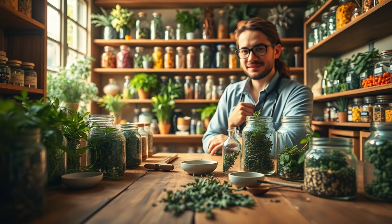 Creating natural remedies with louban dakar herbs in an inviting apothecary setting.