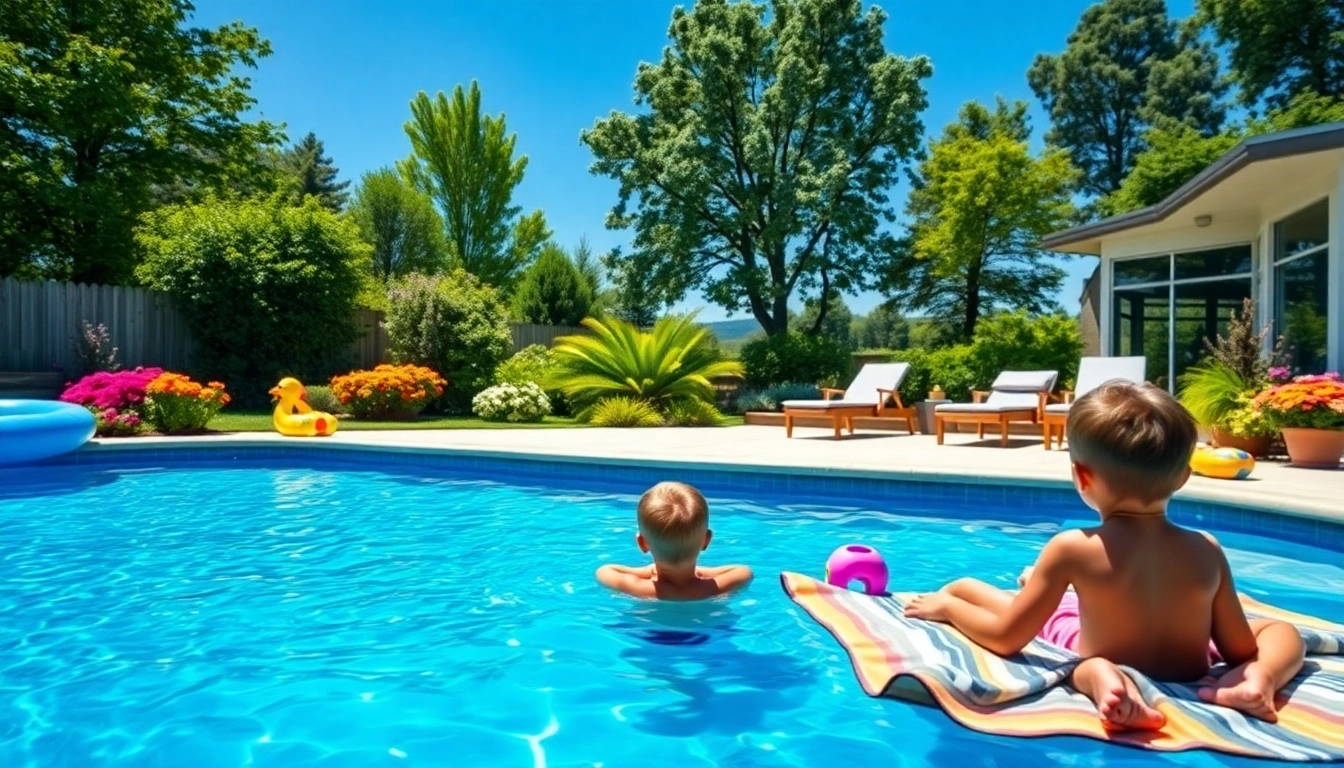 Showcasing swimming pool installation with a beautiful inground pool and family enjoying the backyard.
